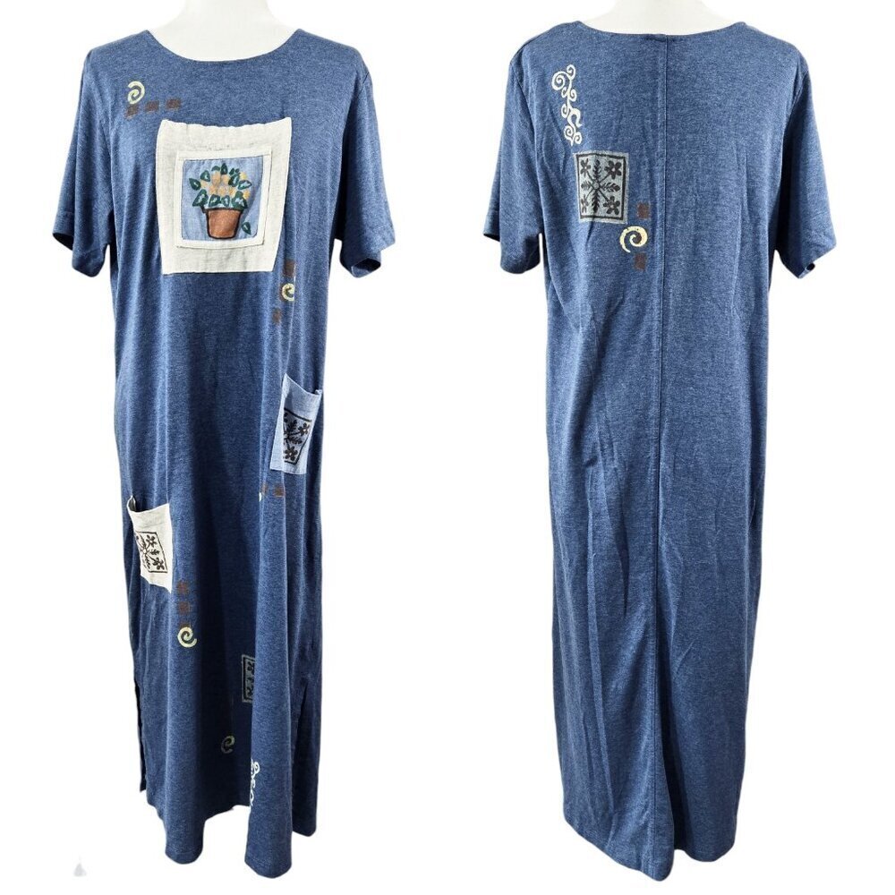 Vintage Cover Charge 100% Cotton Blue Patch Pocket Midi Dress Boho Whimsical